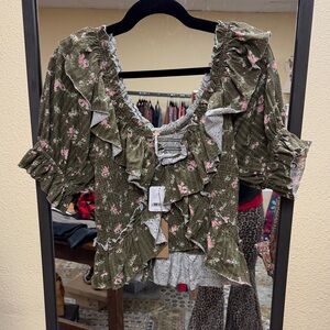 Free People Olive Green Floral Ruffle Smocked Blouse